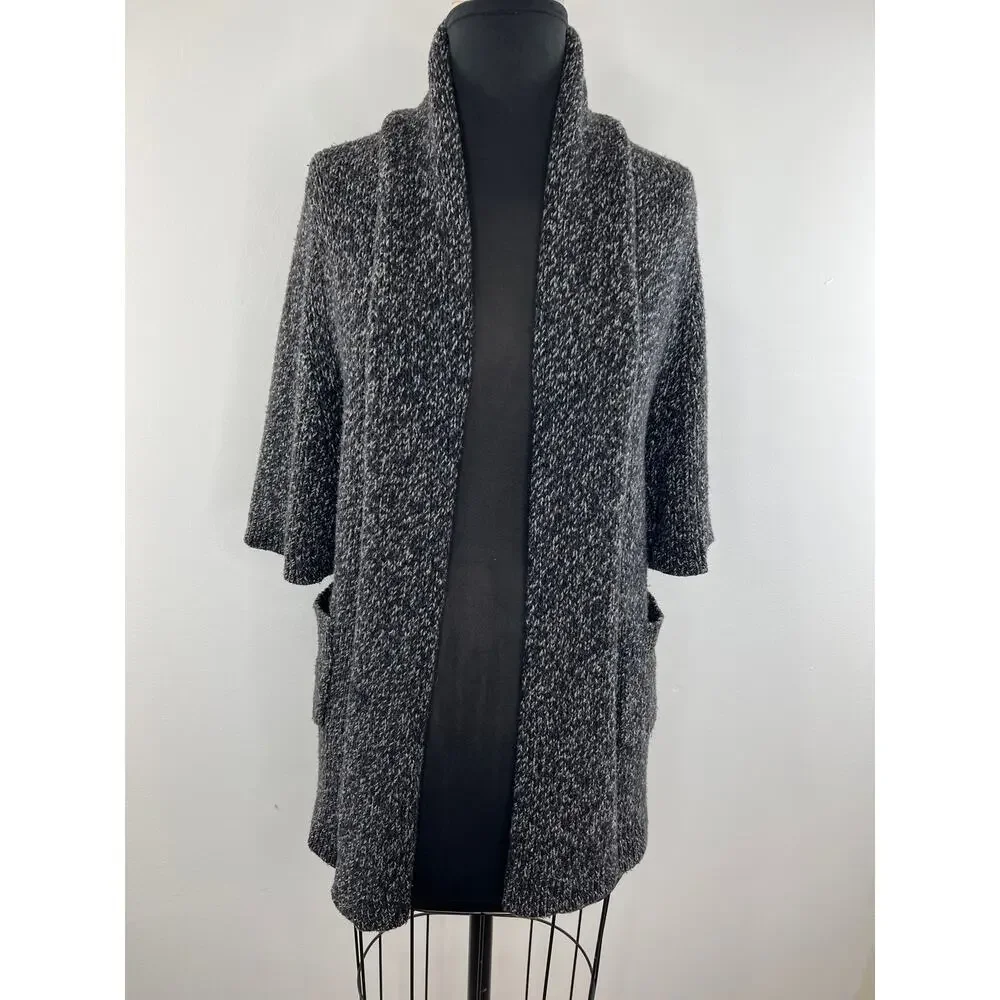 THEORY Black Gray Marled Wool-Cashmere Blend Cowl Neck Cardigan Sweater Size P